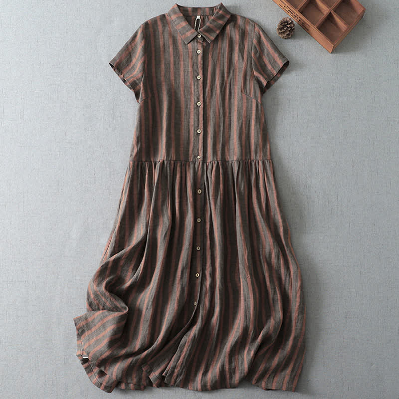 Nimara Ritual Summer Casual Vintage Button-Up Striped Women's Short Sleeve Dresses With Pocket