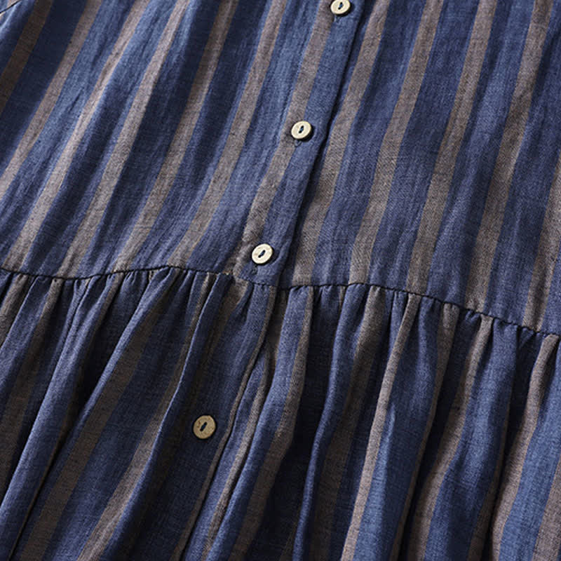 Nimara Ritual Summer Casual Vintage Button-Up Striped Women's Short Sleeve Dresses With Pocket