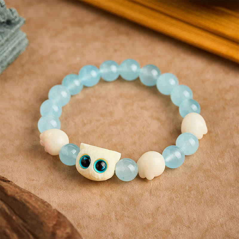 Nimara Ritual Blue Chalcedony Hand Carved Cat Purity Bead Bracelet