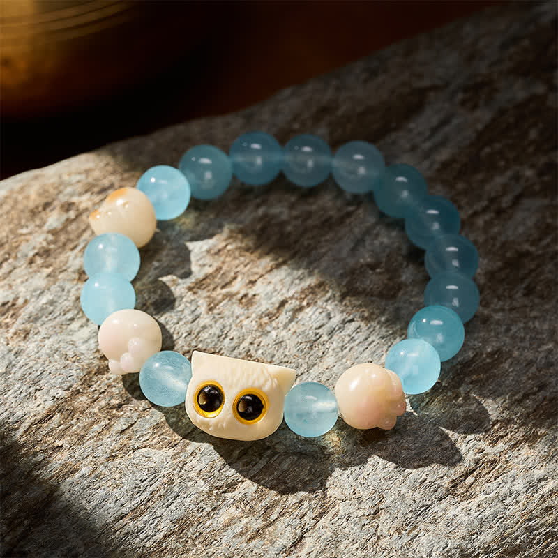 Nimara Ritual Blue Chalcedony Hand Carved Cat Purity Bead Bracelet