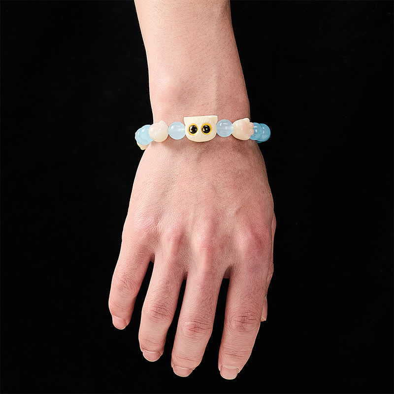 Nimara Ritual Blue Chalcedony Hand Carved Cat Purity Bead Bracelet