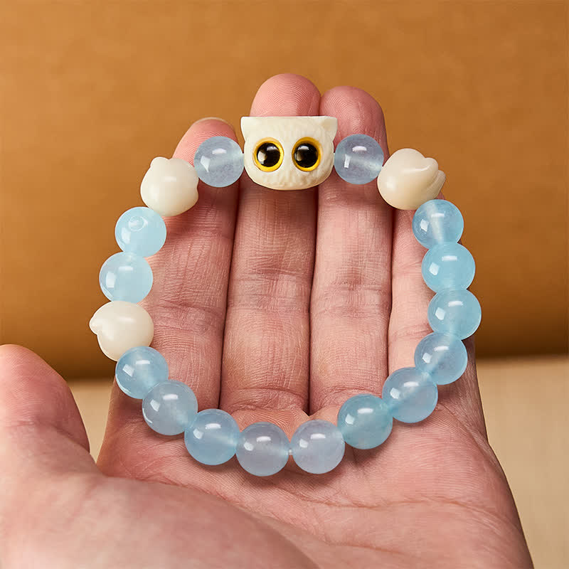 Nimara Ritual Blue Chalcedony Hand Carved Cat Purity Bead Bracelet