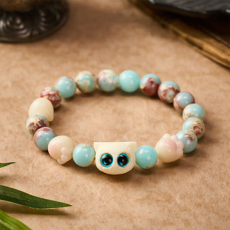 Nimara Ritual Shoushan Stone Hand-Carved Cat Purity Relief Bead Bracelet