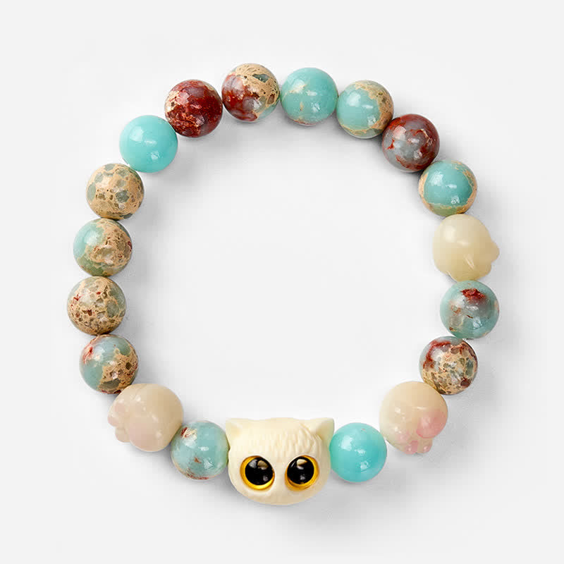 Nimara Ritual Shoushan Stone Hand-Carved Cat Purity Relief Bead Bracelet