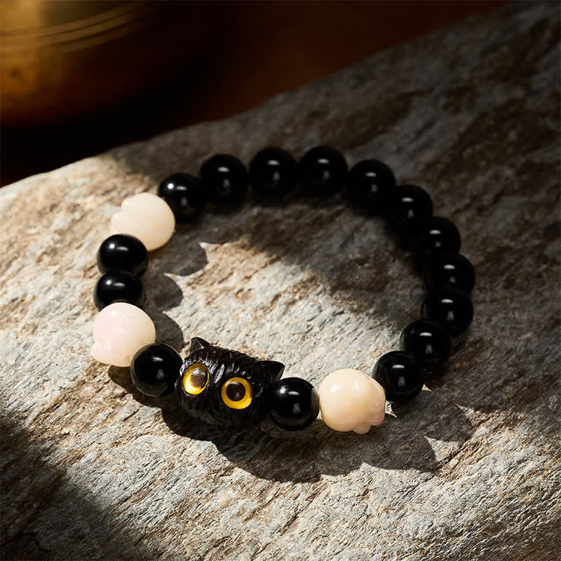 Nimara Ritual Hand Carved Black Obsidian Yellow Eye Cat Head Grounding Bead Bracelet