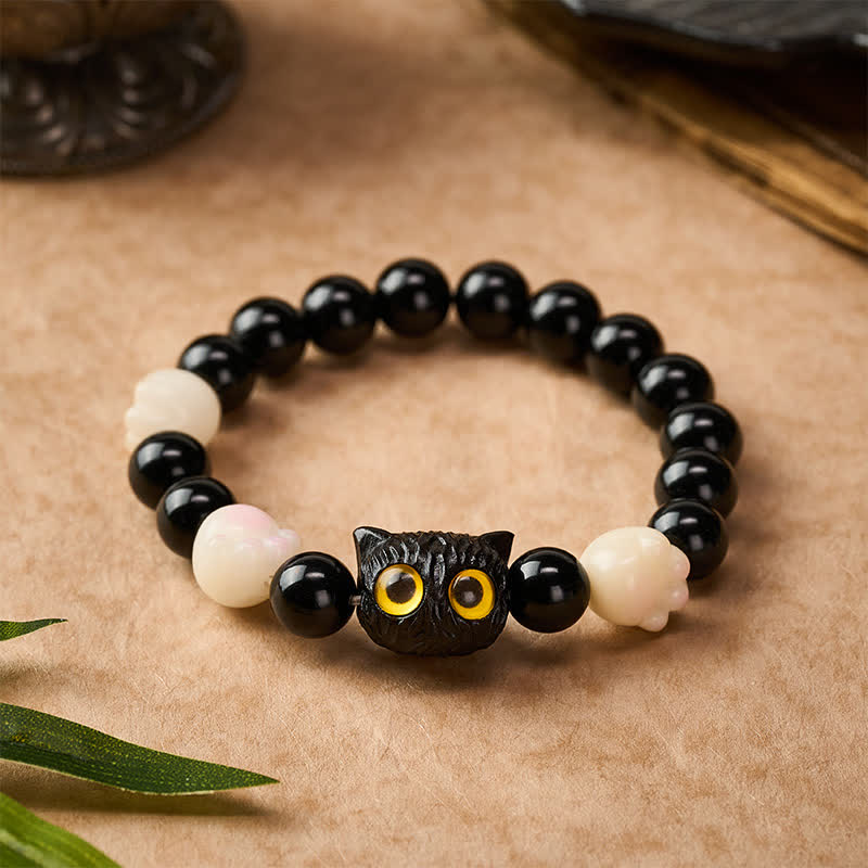 Nimara Ritual Hand Carved Black Obsidian Yellow Eye Cat Head Grounding Bead Bracelet