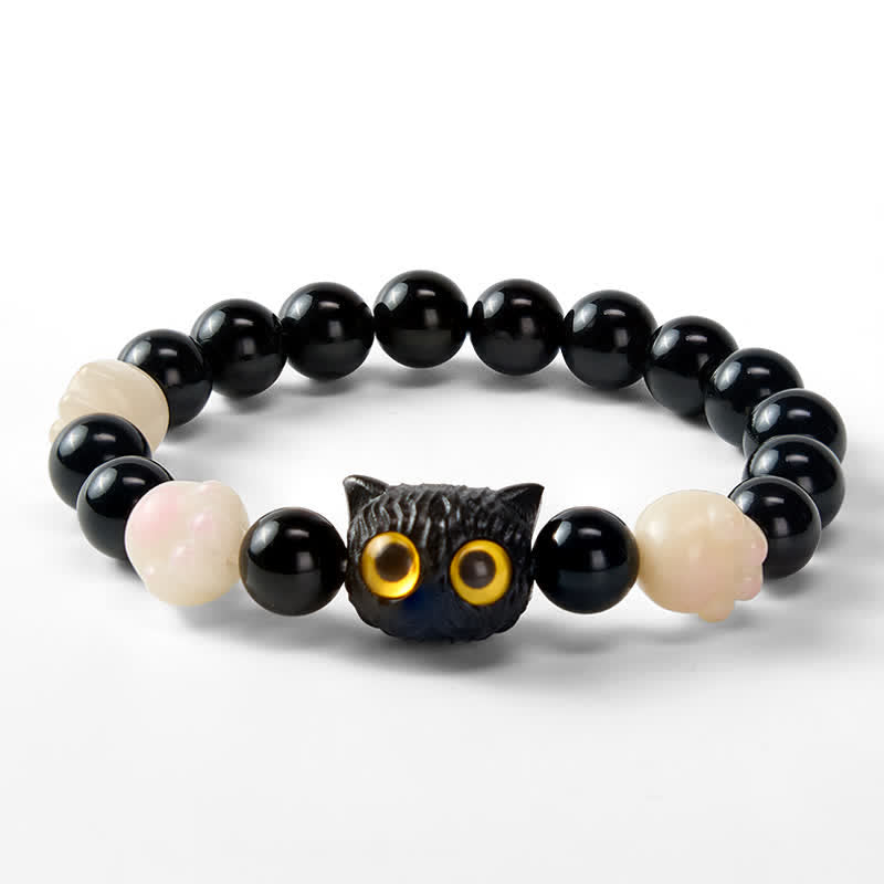 Nimara Ritual Hand Carved Black Obsidian Yellow Eye Cat Head Grounding Bead Bracelet