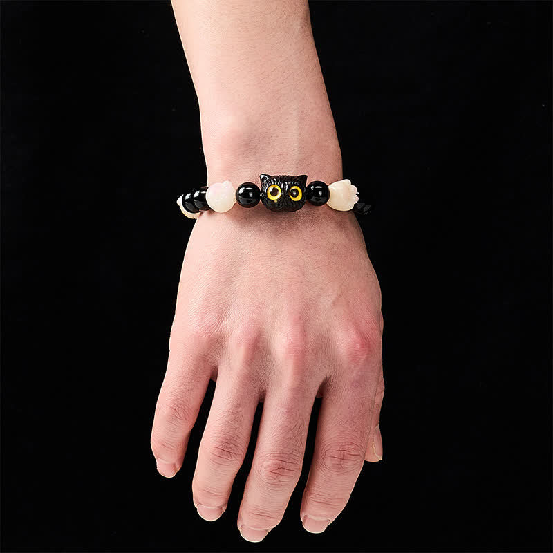 Nimara Ritual Hand Carved Black Obsidian Yellow Eye Cat Head Grounding Bead Bracelet