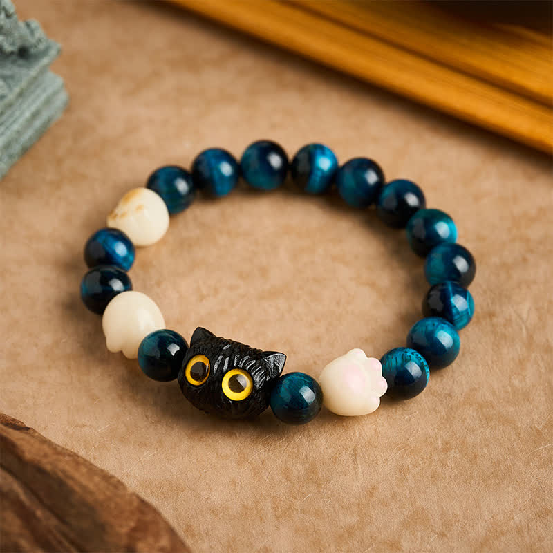Nimara Ritual Blue Tiger Eye Cute Hand-Carved Cat Grounding Bead Bracelet