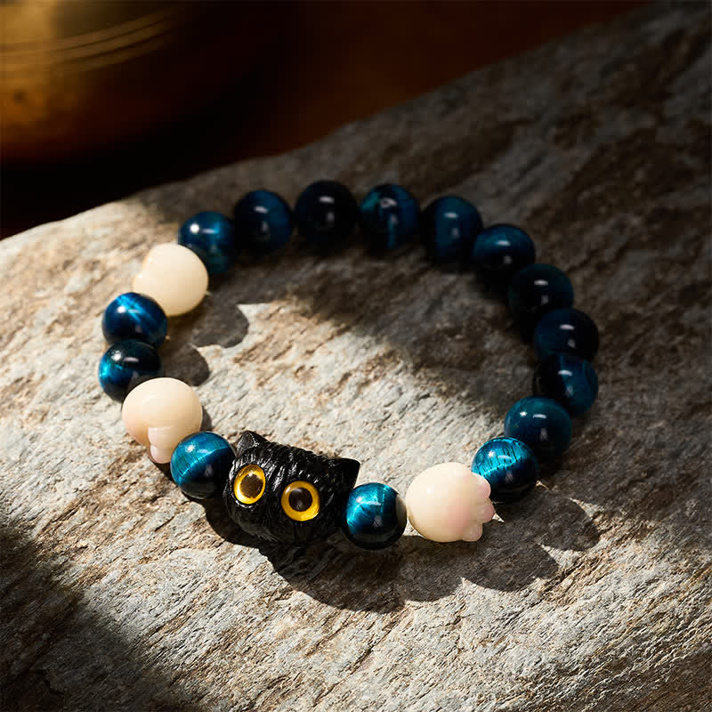 Nimara Ritual Blue Tiger Eye Cute Hand-Carved Cat Grounding Bead Bracelet