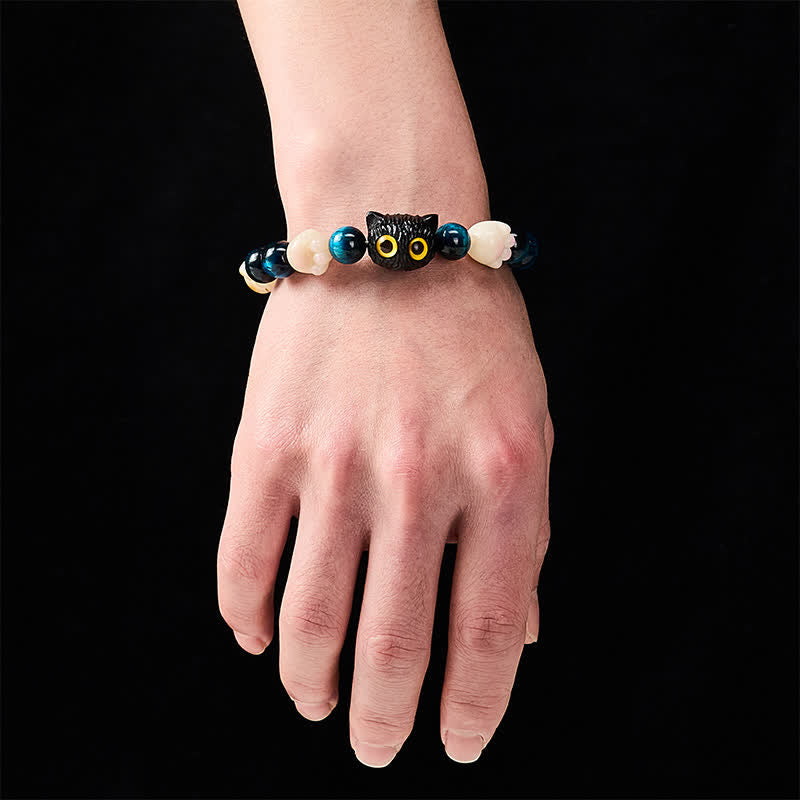Nimara Ritual Blue Tiger Eye Cute Hand-Carved Cat Grounding Bead Bracelet