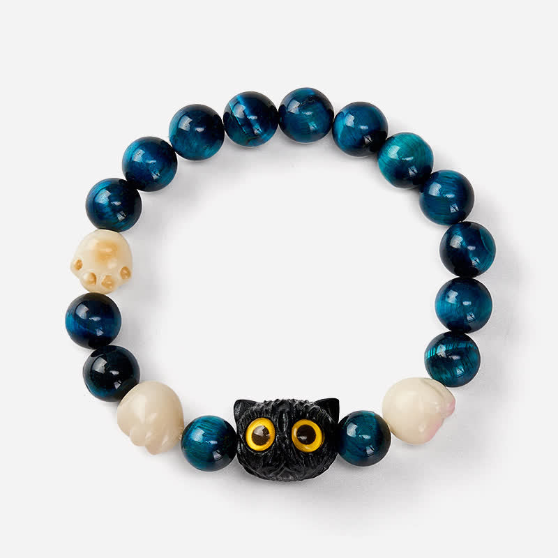 Nimara Ritual Blue Tiger Eye Cute Hand-Carved Cat Grounding Bead Bracelet