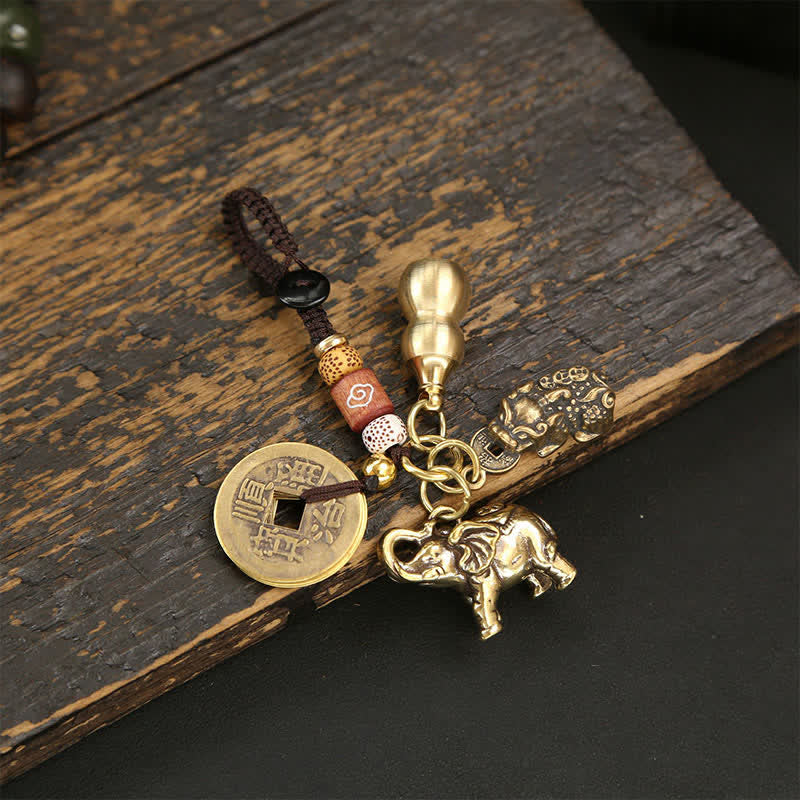 Nimara Ritual Brass Elephant Five Emperor Coins Gourd Pi Xiu Wisdom Keychains