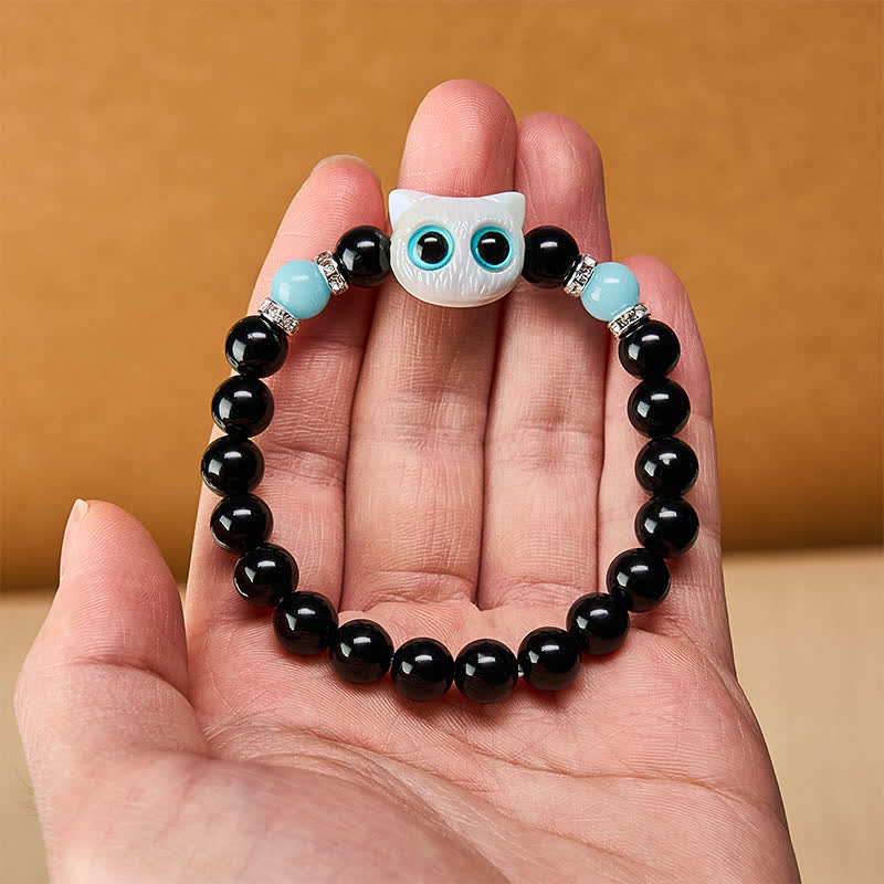 Nimara Ritual Black Obsidian Cute Big Eye Cat Protection Beaded Bracelet