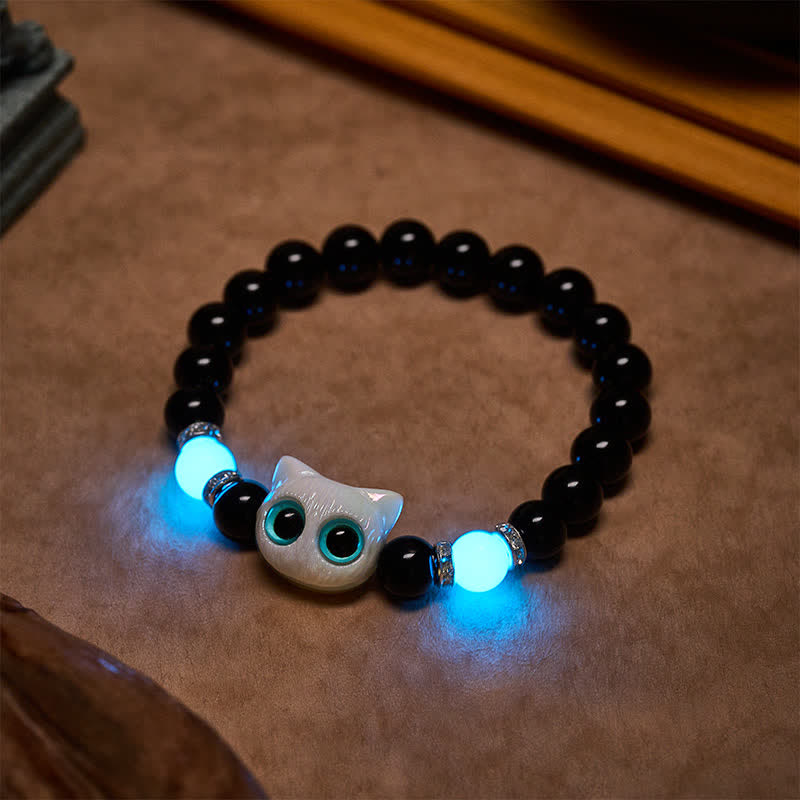 Nimara Ritual Black Obsidian Cute Big Eye Cat Protection Beaded Bracelet