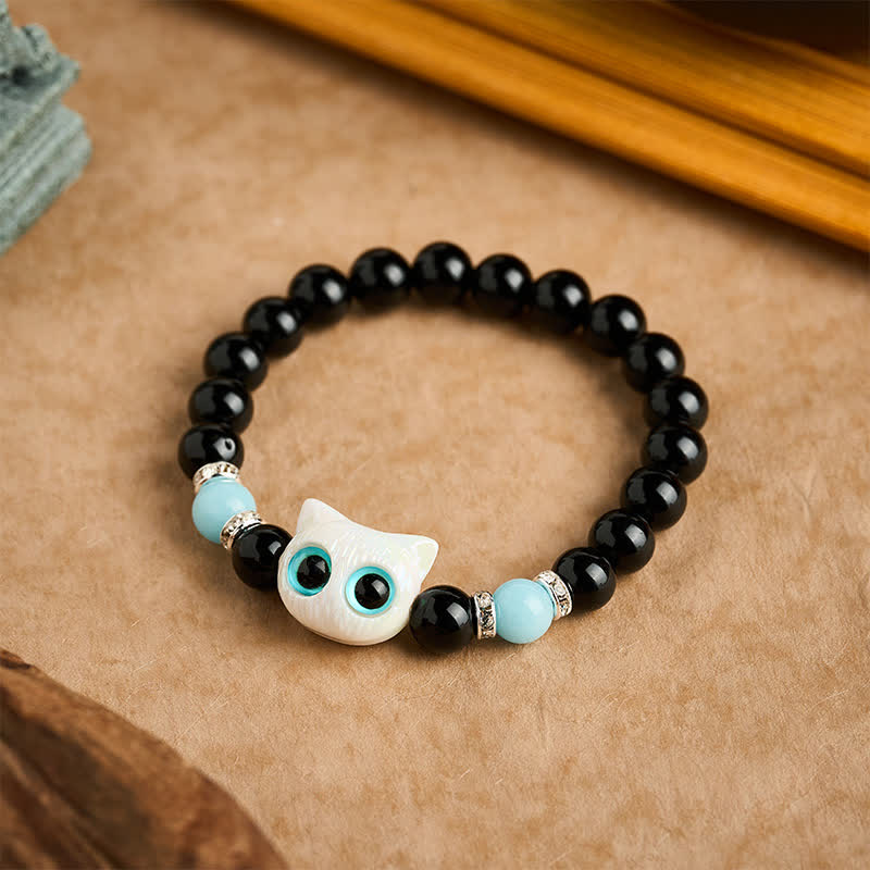 Nimara Ritual Black Obsidian Cute Big Eye Cat Protection Beaded Bracelet