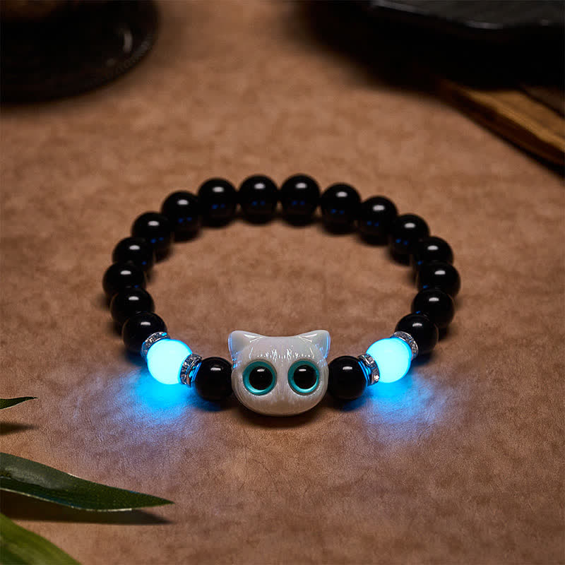 Nimara Ritual Black Obsidian Cute Big Eye Cat Protection Beaded Bracelet
