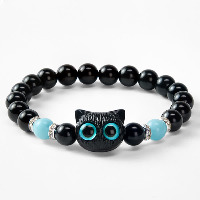 Nimara Ritual Black Obsidian Cute Big Eye Cat Protection Beaded Bracelet
