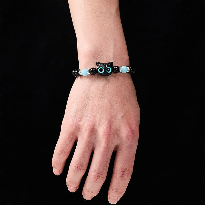 Nimara Ritual Black Obsidian Cute Big Eye Cat Protection Beaded Bracelet