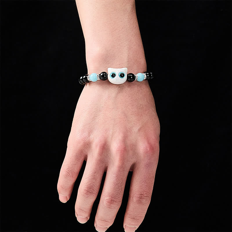 Nimara Ritual Black Obsidian Cute Big Eye Cat Protection Beaded Bracelet