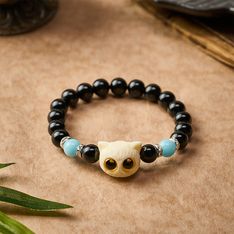 Nimara Ritual Black Obsidian Hand-Carved Big Eye Cat Relief Bead Bracelet