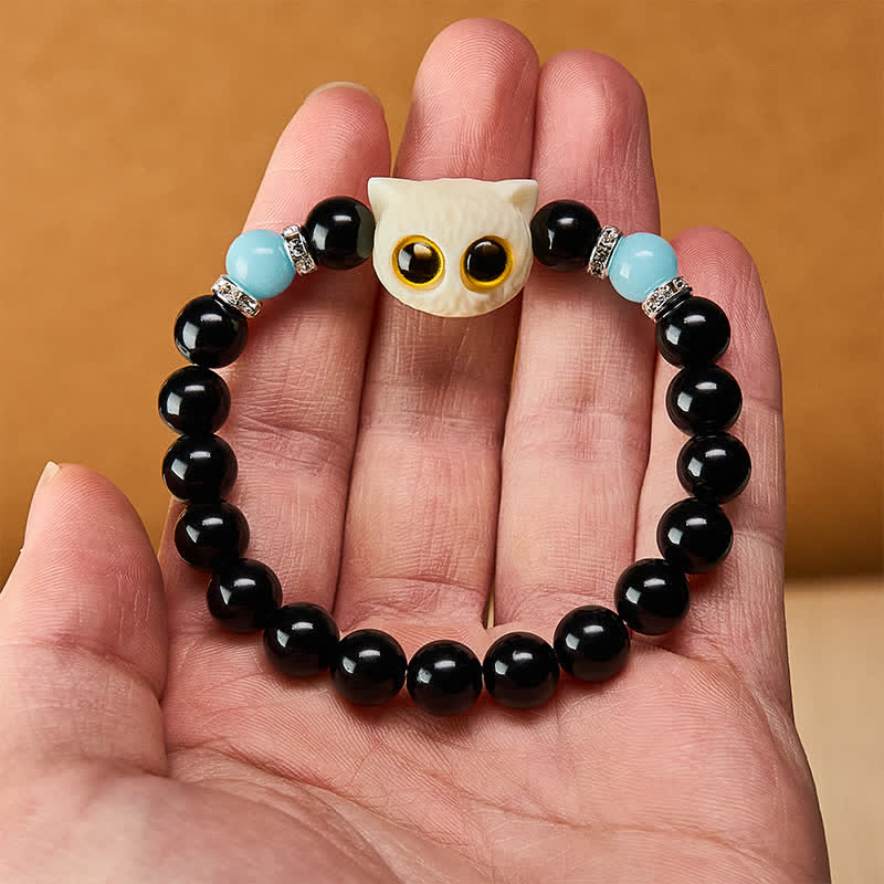 Nimara Ritual Black Obsidian Hand-Carved Big Eye Cat Relief Bead Bracelet