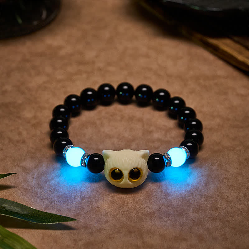 Nimara Ritual Black Obsidian Hand-Carved Big Eye Cat Relief Bead Bracelet
