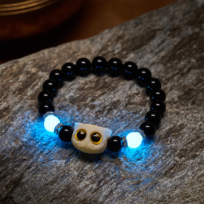 Nimara Ritual Black Obsidian Hand-Carved Big Eye Cat Relief Bead Bracelet