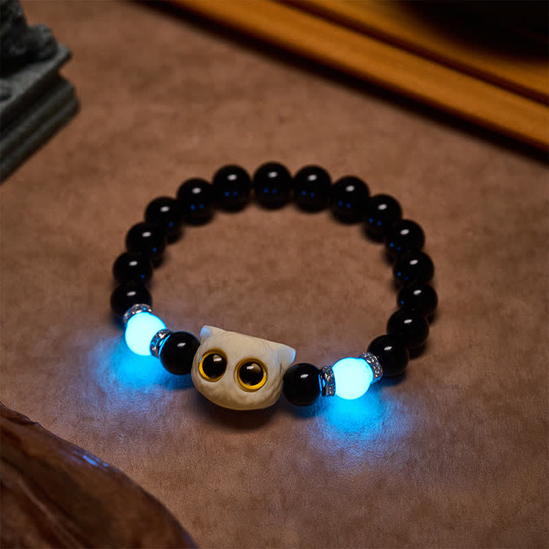 Nimara Ritual Black Obsidian Hand-Carved Big Eye Cat Relief Bead Bracelet