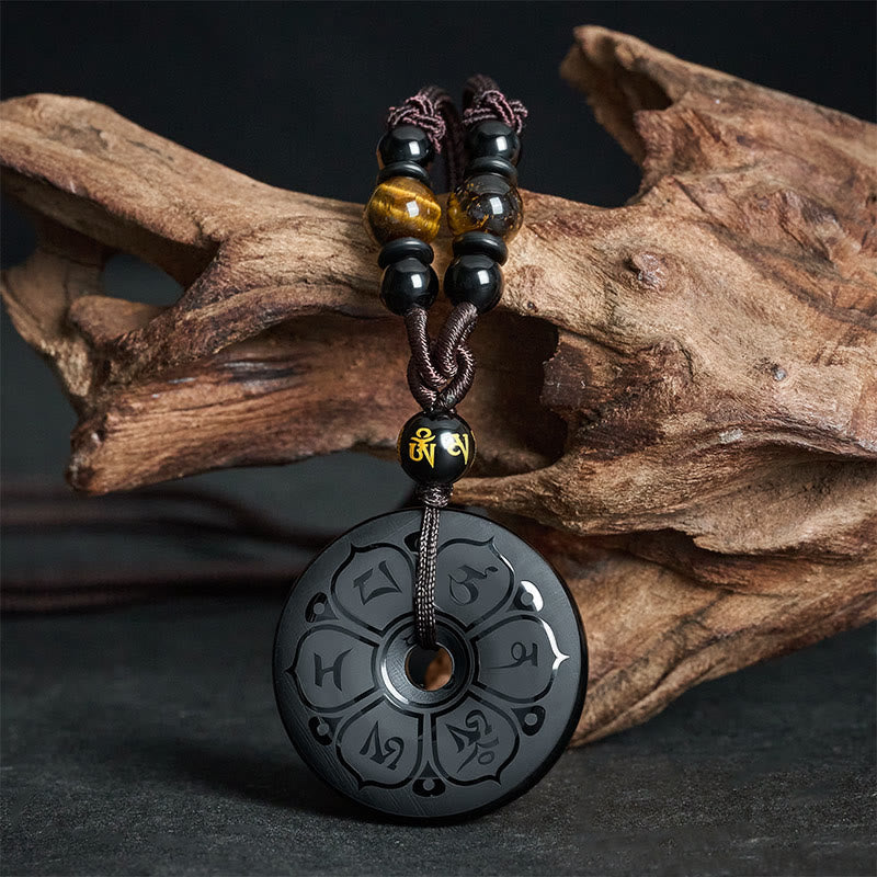 Nimara Ritual Black Obsidian Peace Buckle Protection Engraved Braided Necklace