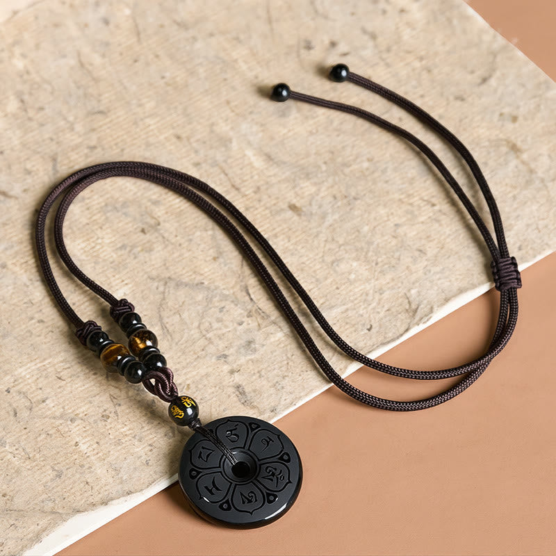 Nimara Ritual Black Obsidian Peace Buckle Protection Engraved Braided Necklace