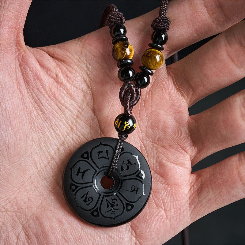 Nimara Ritual Black Obsidian Peace Buckle Protection Engraved Braided Necklace