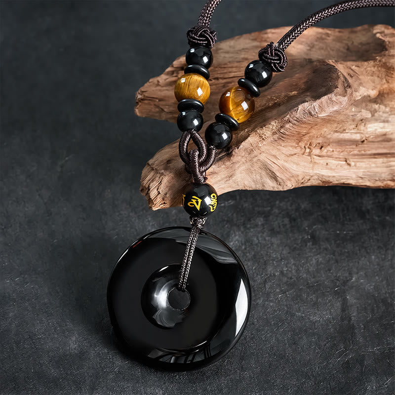 Nimara Ritual Black Obsidian Peace Buckle Protection Engraved Braided Necklace
