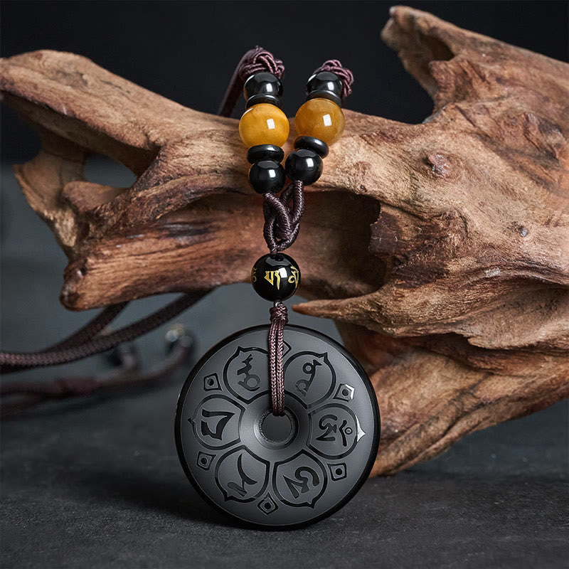 Nimara Ritual Black Obsidian Peace Buckle Protection Engraved Braided Necklace