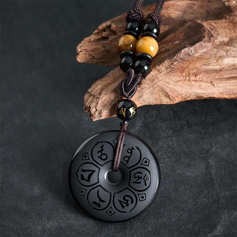 Nimara Ritual Black Obsidian Peace Buckle Protection Engraved Braided Necklace