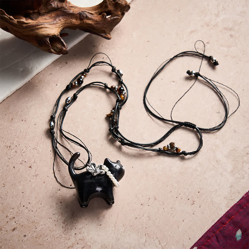 Nimara Ritual Resin Black Brown Cat Flower Pearl Bead Peace Necklace