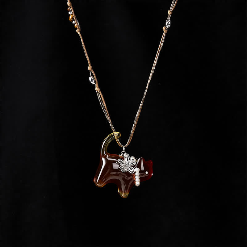 Nimara Ritual Resin Black Brown Cat Flower Pearl Bead Peace Necklace