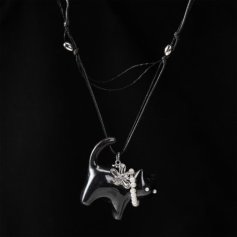 Nimara Ritual Resin Black Brown Cat Flower Pearl Bead Peace Necklace