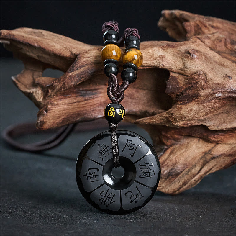Nimara Ritual Black Obsidian Namo Ami Peace Buckle Protection Engraved Necklace