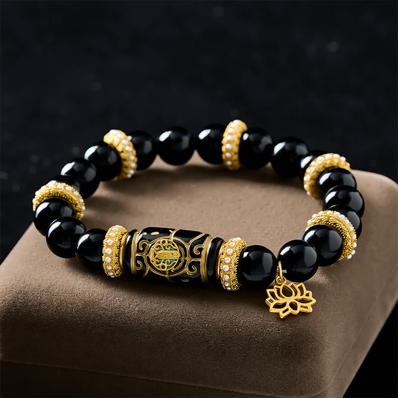 Nimara Ritual Black Obsidian Resin Barrel Bead Lotus Pendant Protection Round Bead Bracelet