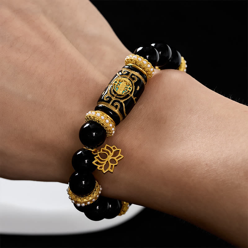 Nimara Ritual Black Obsidian Resin Barrel Bead Lotus Pendant Protection Round Bead Bracelet