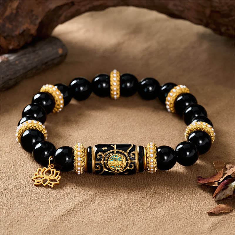 Nimara Ritual Black Obsidian Resin Barrel Bead Lotus Pendant Protection Round Bead Bracelet