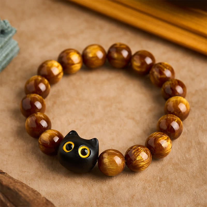 Nimara Ritual Yellow Resin Beads Yellow Eyes Ebony Wood Cat Calm Bracelet