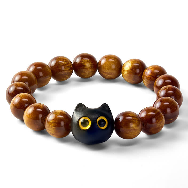 Nimara Ritual Yellow Resin Beads Yellow Eyes Ebony Wood Cat Calm Bracelet