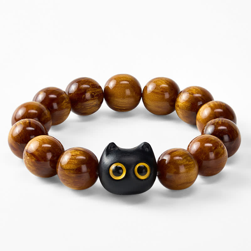 Nimara Ritual Yellow Resin Beads Yellow Eyes Ebony Wood Cat Calm Bracelet