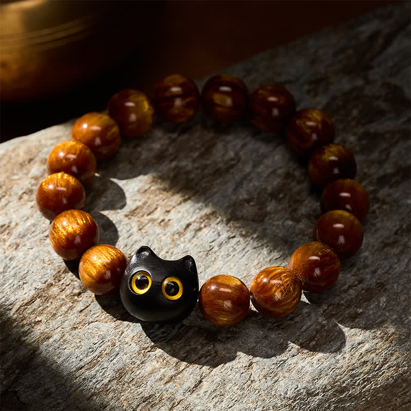 Nimara Ritual Yellow Resin Beads Yellow Eyes Ebony Wood Cat Calm Bracelet