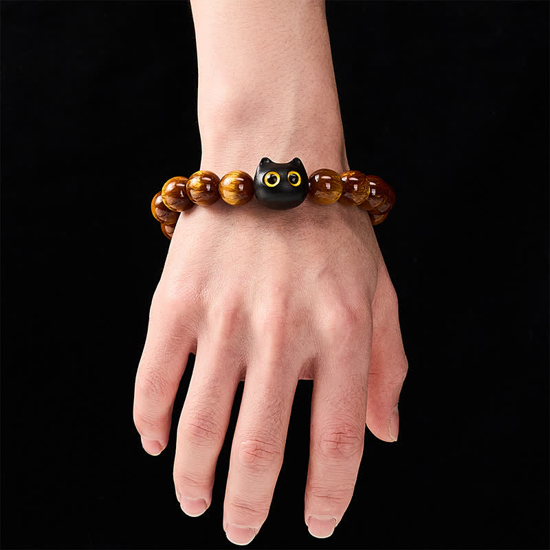 Nimara Ritual Yellow Resin Beads Yellow Eyes Ebony Wood Cat Calm Bracelet