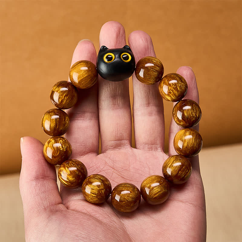 Nimara Ritual Yellow Resin Beads Yellow Eyes Ebony Wood Cat Calm Bracelet