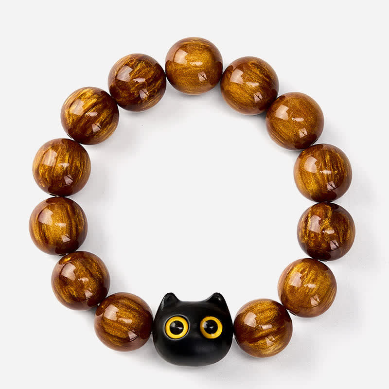 Nimara Ritual Yellow Resin Beads Yellow Eyes Ebony Wood Cat Calm Bracelet