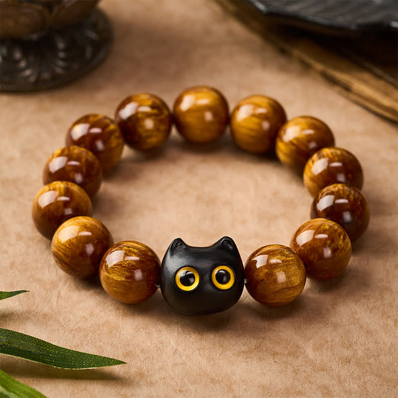 Nimara Ritual Yellow Resin Beads Yellow Eyes Ebony Wood Cat Calm Bracelet
